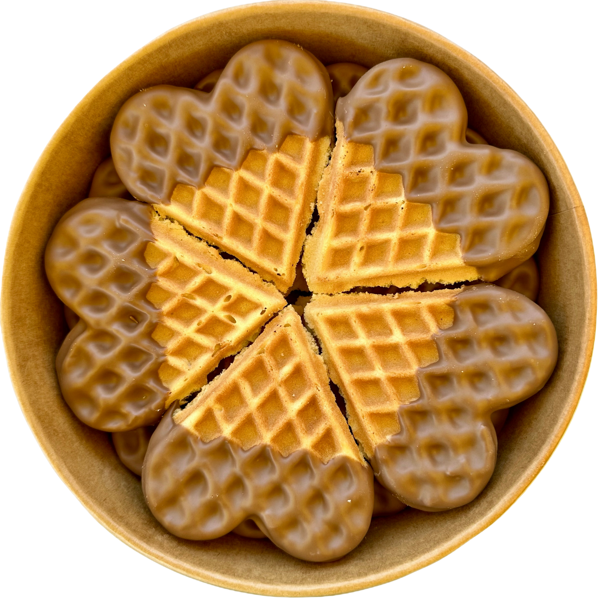 Vers gebakken vanille wafeltjes in hartvorm met Callebaut melkchocolade